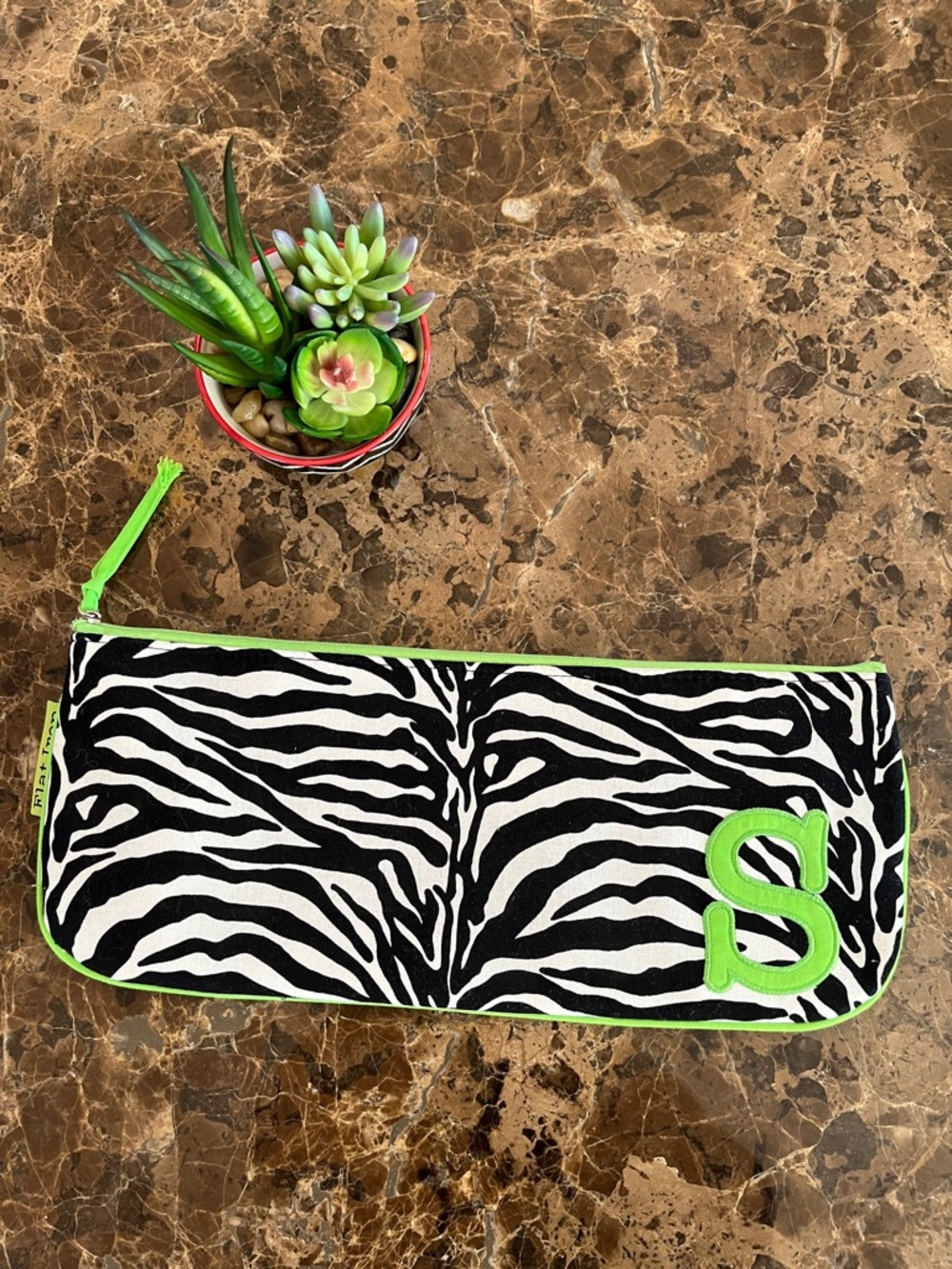 Flat Iron Zebra Print “S” Patch Initial Cotton Flat Iron Cosmetic Bag